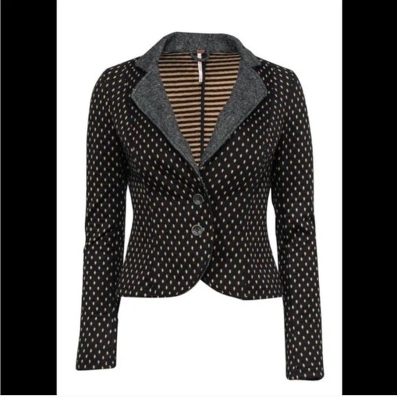 Free People Black Tan Quilted Polka Dot Knit Blazer Jacket - Picture 2 of 15